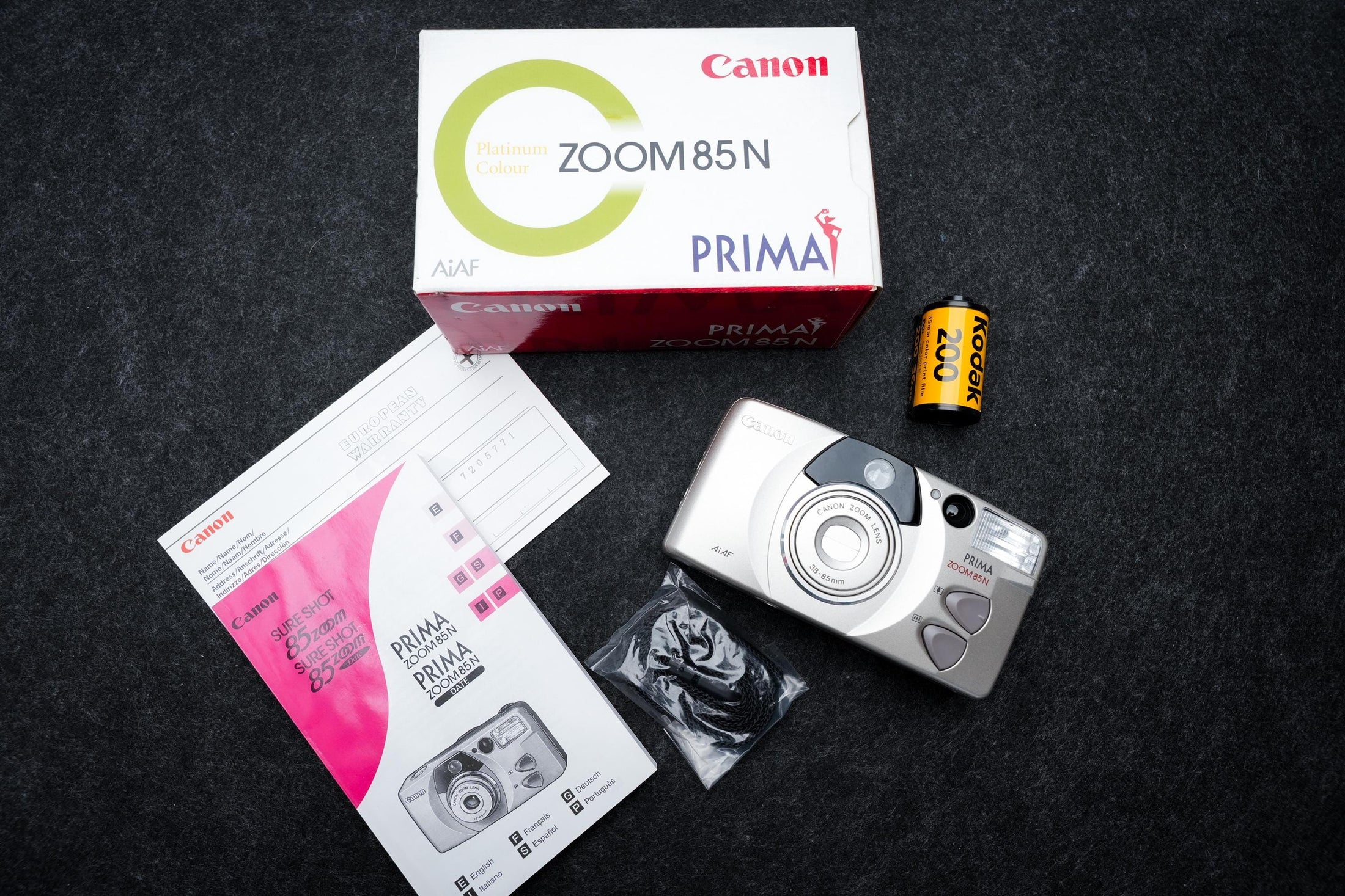 Canon Prima Zoom 85N + gratis 35mm film – 35mm point-and-shoot camera – 1998 – nieuw in doos, old stock
