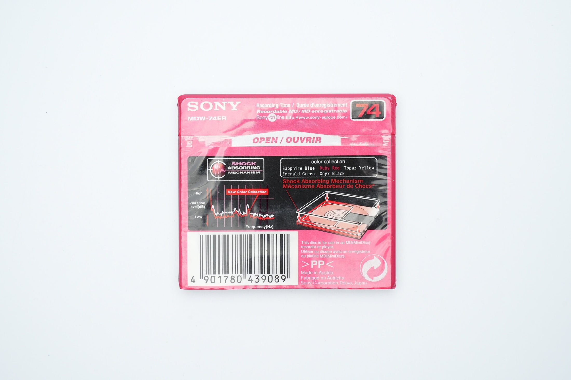 Sony MiniDisc 74 minuten Ruby Red – Shock Absorbing Mechanism – Vintage Opnamemedia Nieuw in Verpakking